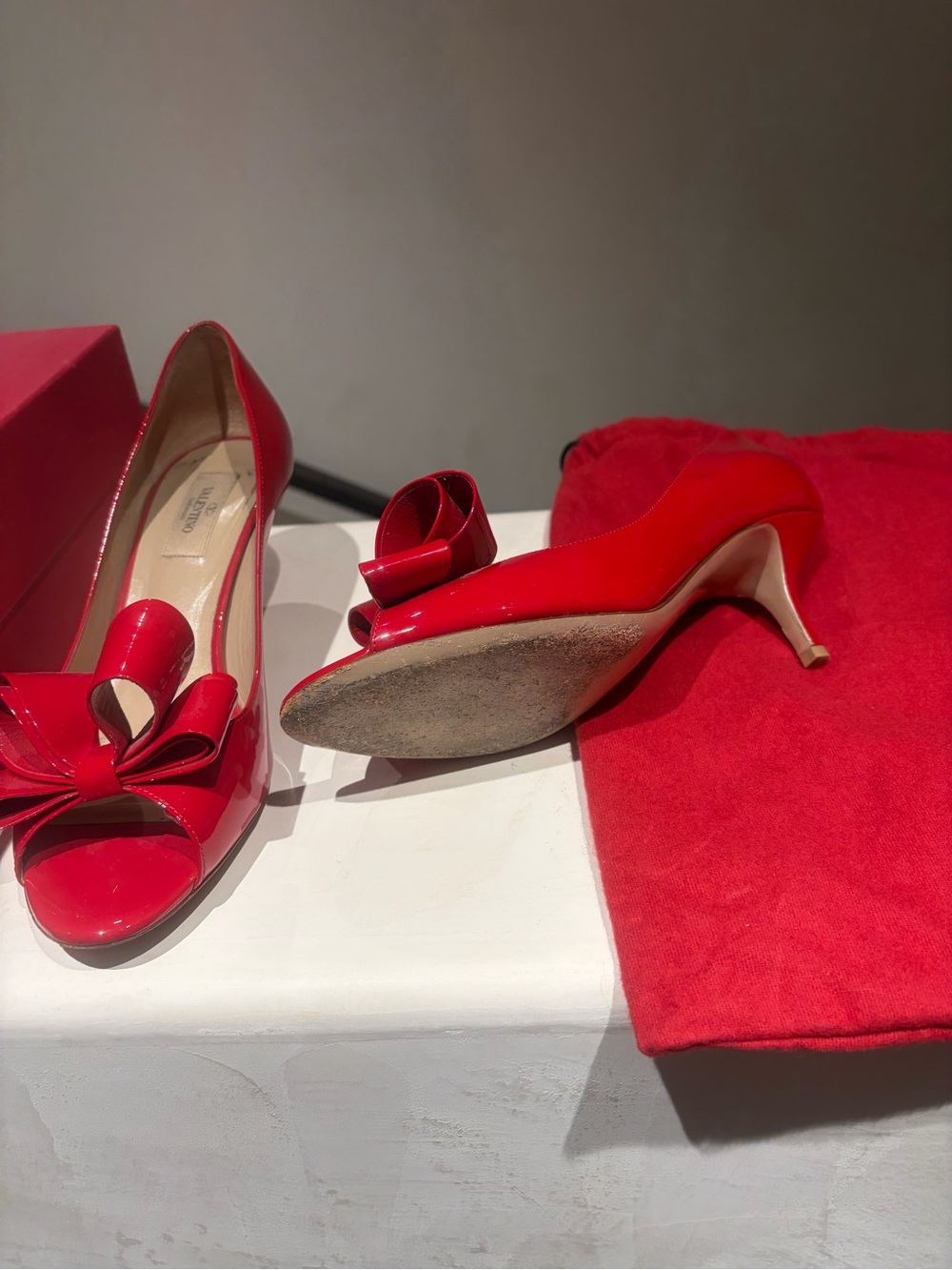 Valentino Red Patent Peep-Toe Heels with Decorative Bow